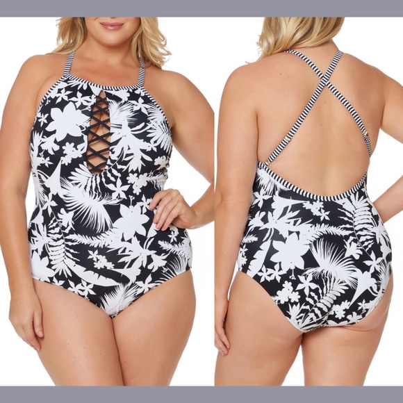 NEW Bleu Rod Beattie‎ [ 16W ] Tropical Oasis One Piece Swimsuit Black White - Picture 1 of 12